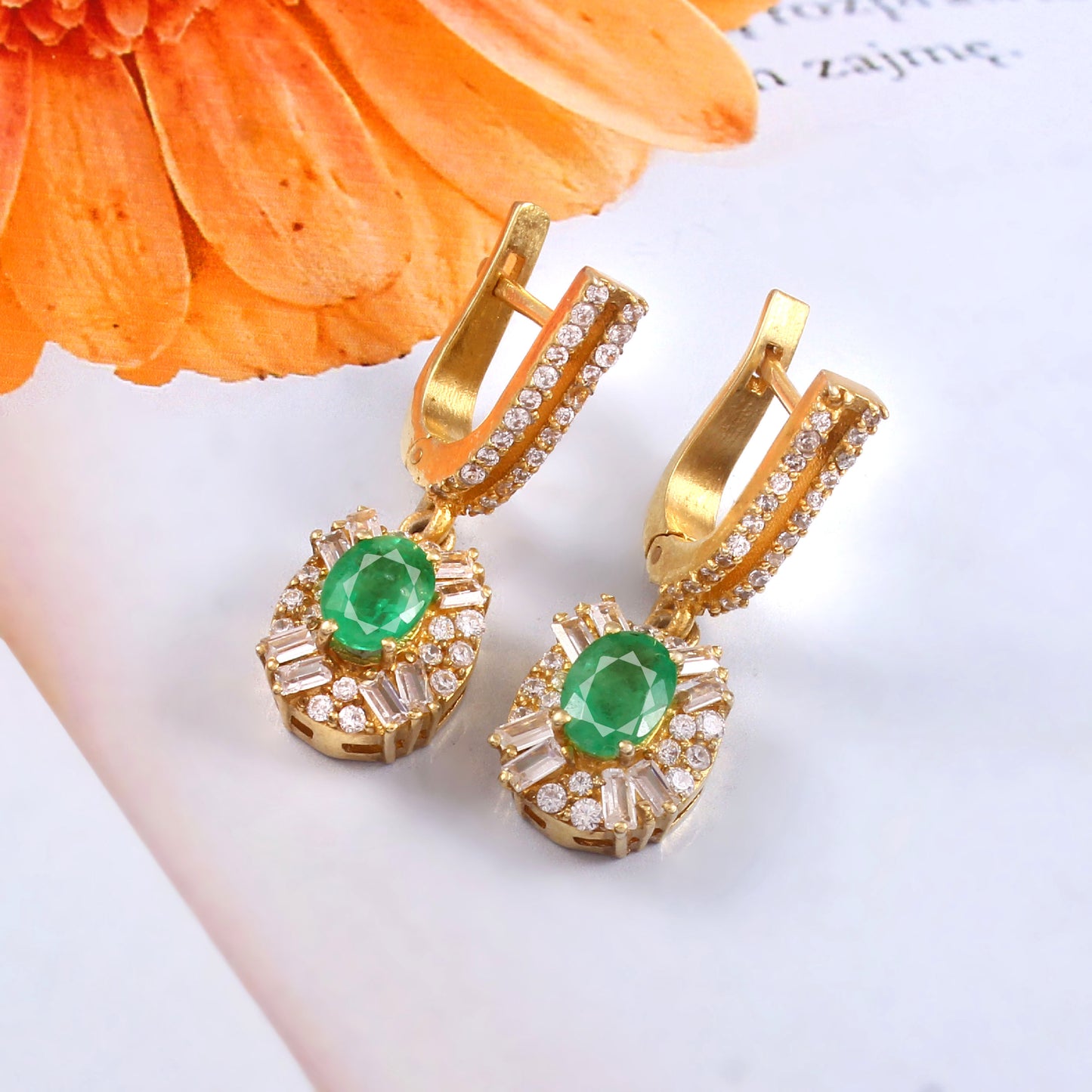 Natural Radiant Emerald and Diamond Halo Drop Earrings