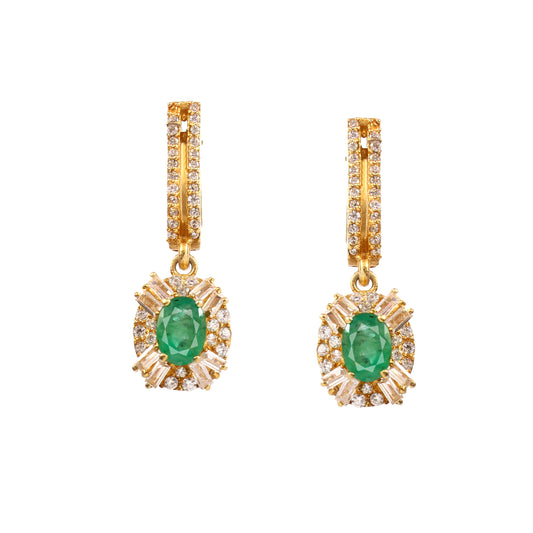 Natural Radiant Emerald and Diamond Halo Drop Earrings