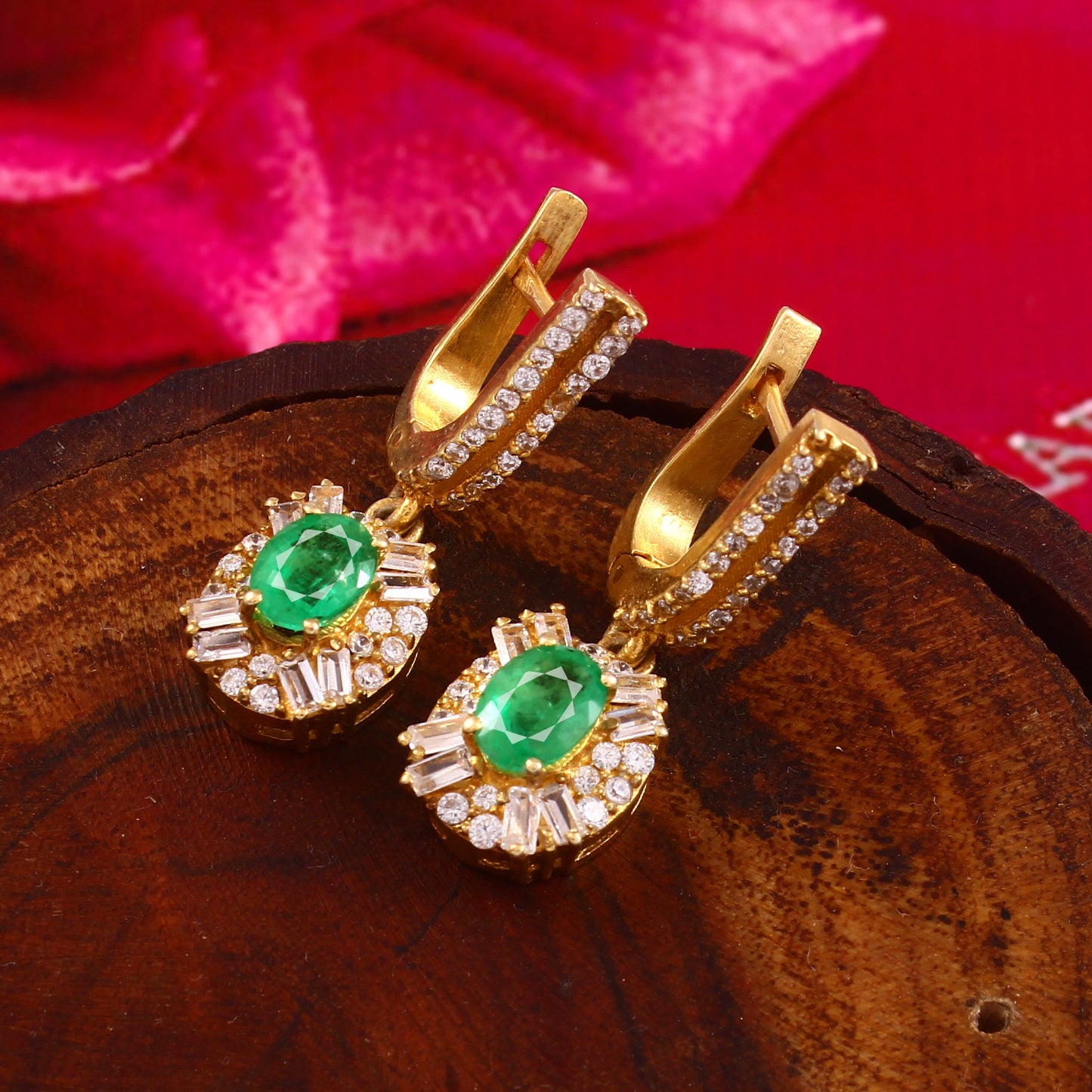Natural Radiant Emerald and Diamond Halo Drop Earrings