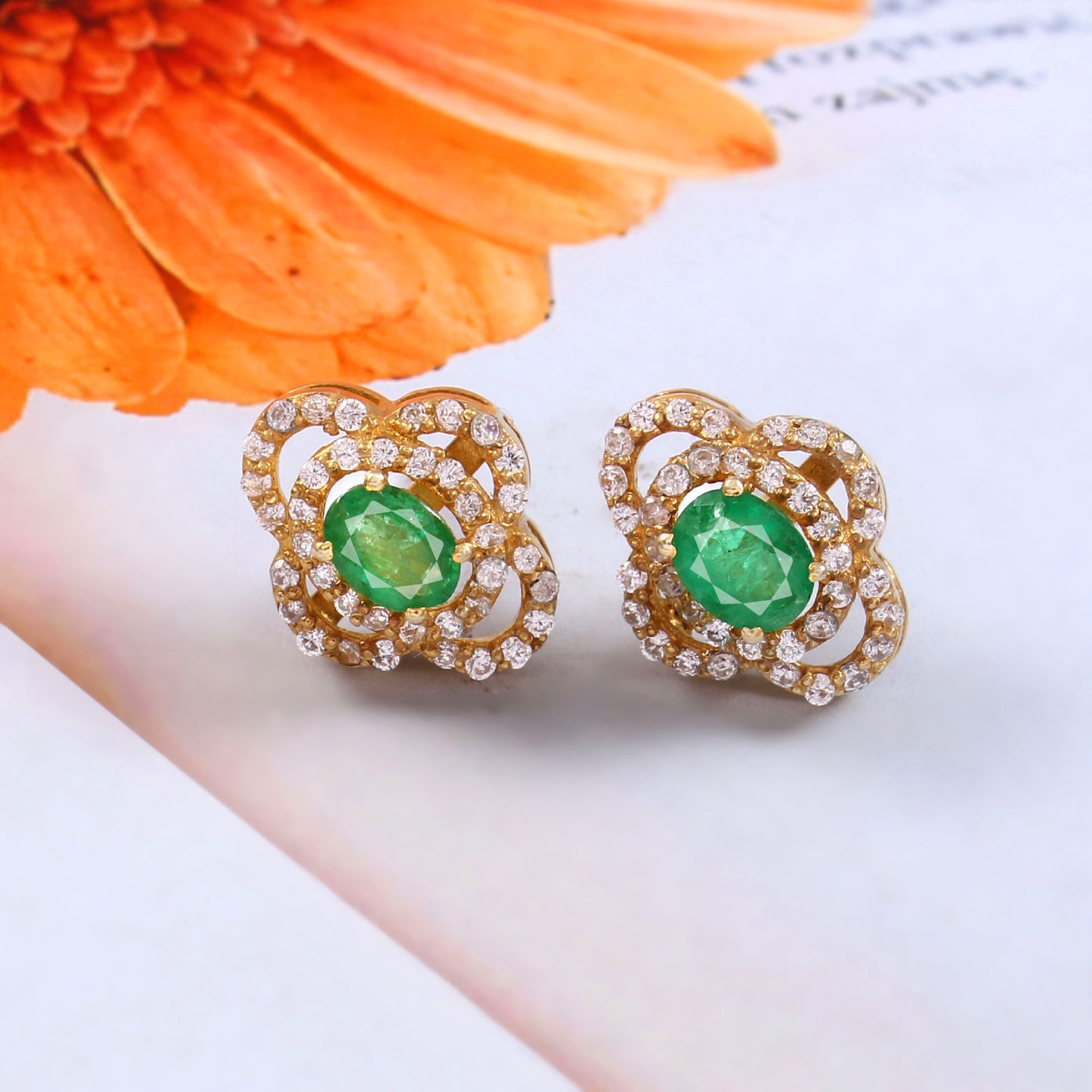 Natural Emerald and Diamond Stud Earrings