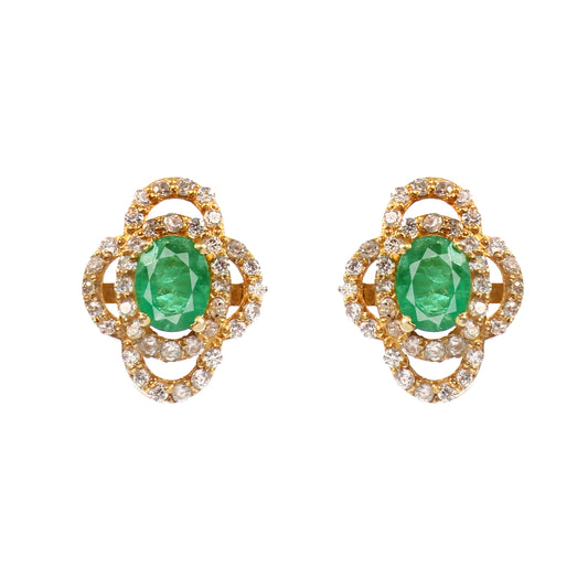 Natural  Emerald and Diamond Stud Earrings