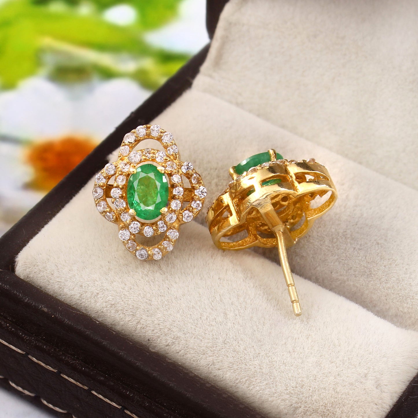 Natural Emerald and Diamond Stud Earrings