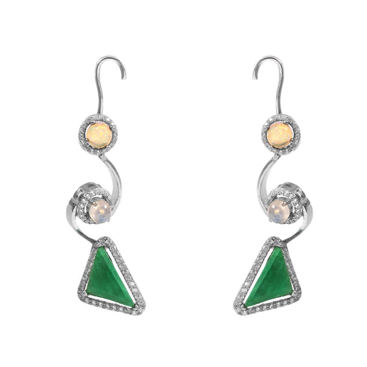 Natural Fancy Cut Emerald Contemporary Moonstone and Opal Swirl Drop Earrings