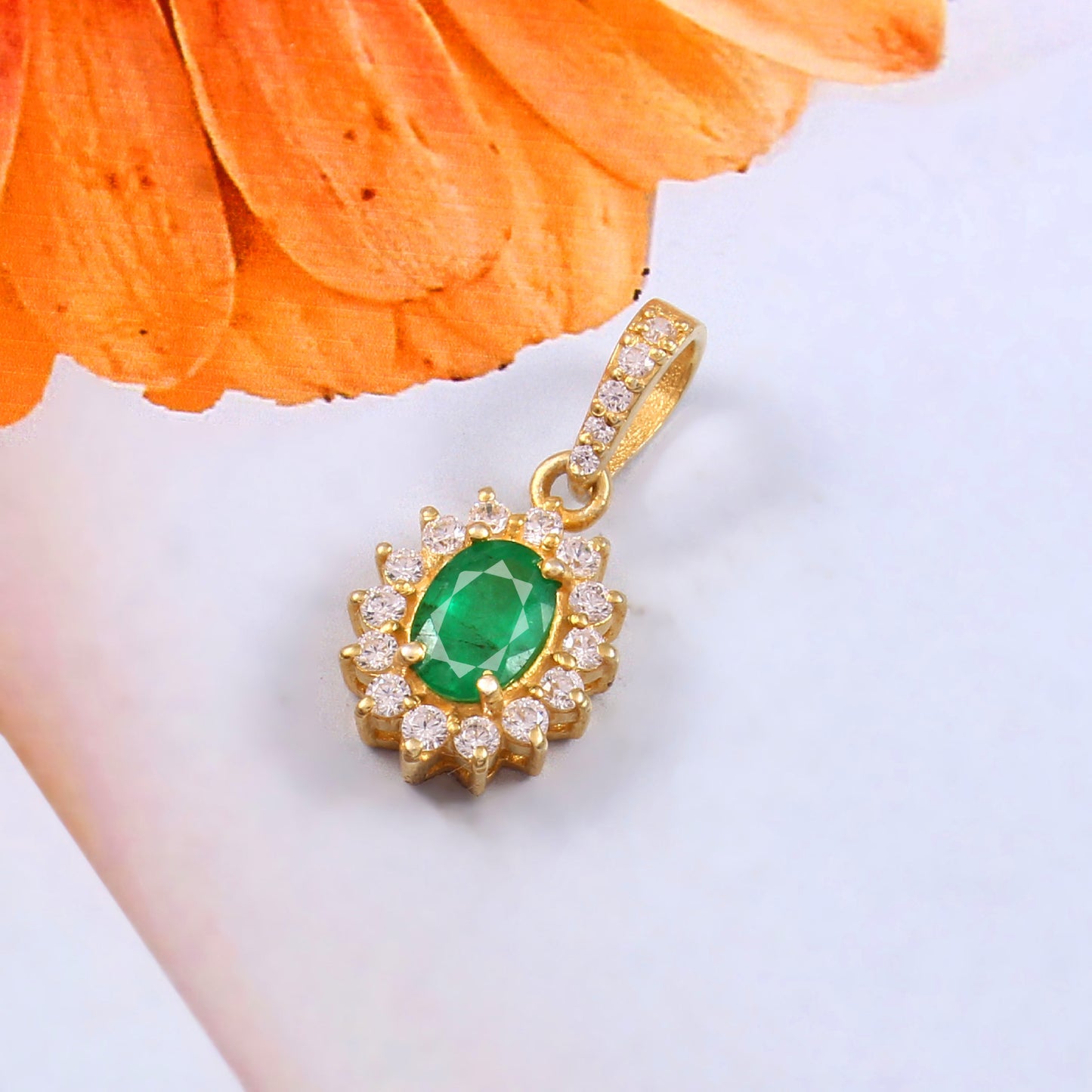 Natural Elegant Oval Emerald and Diamond Halo Pendant