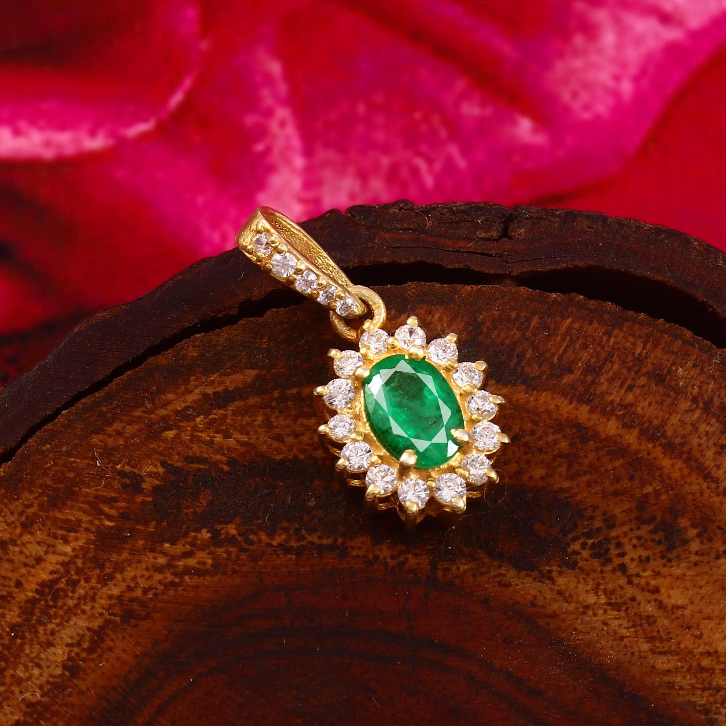 Natural Elegant Oval Emerald and Diamond Halo Pendant