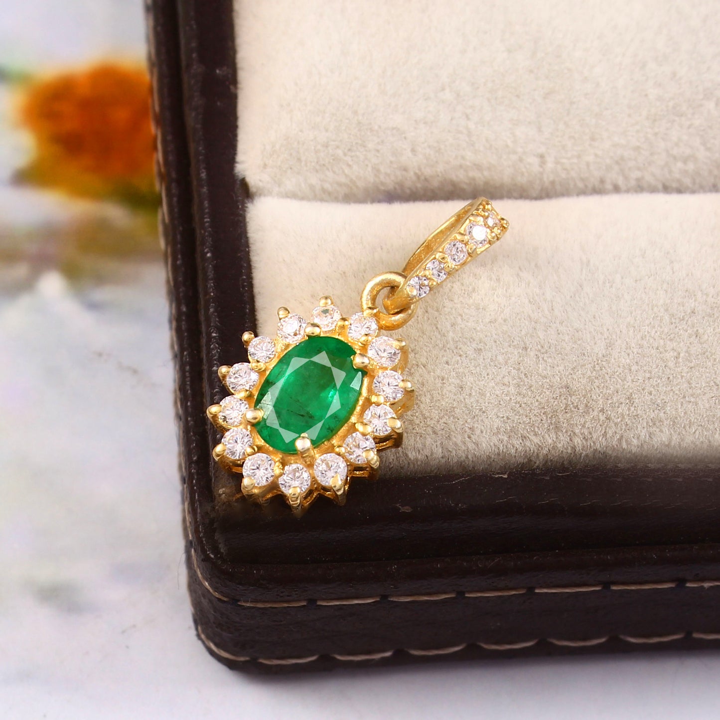 Natural Elegant Oval Emerald and Diamond Halo Pendant