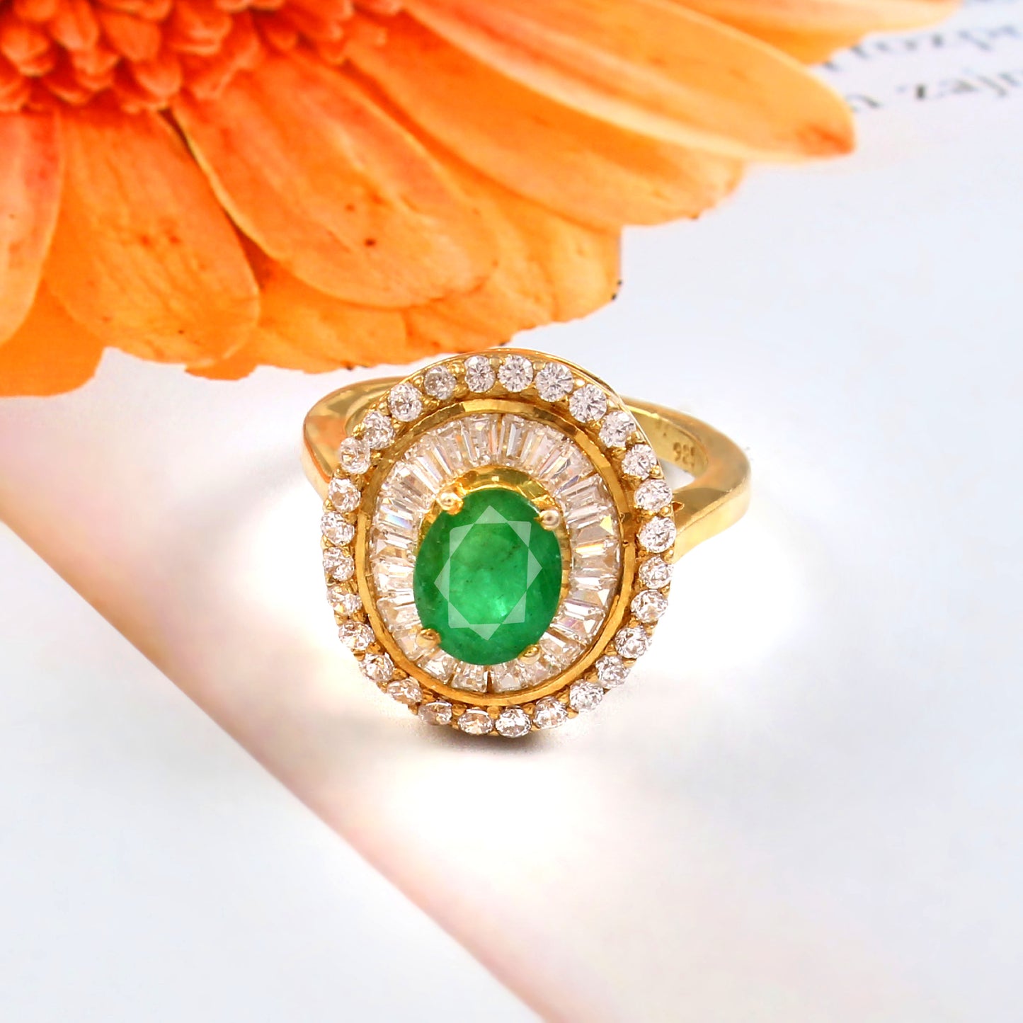 Natural Oval Cut Emerald Halo Diamond Ring