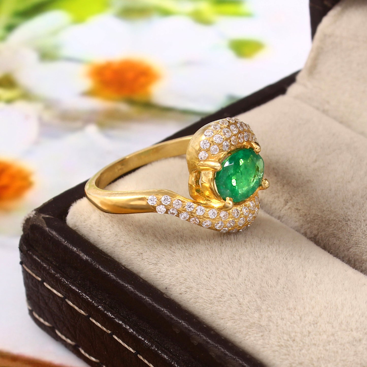 Natural Oval Cut Emerald Wave Diamond Ring