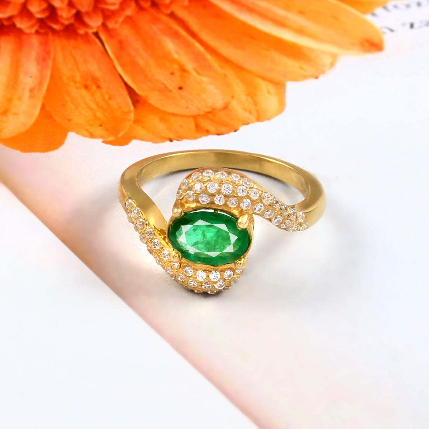 Natural Oval Cut Emerald Wave Diamond Ring