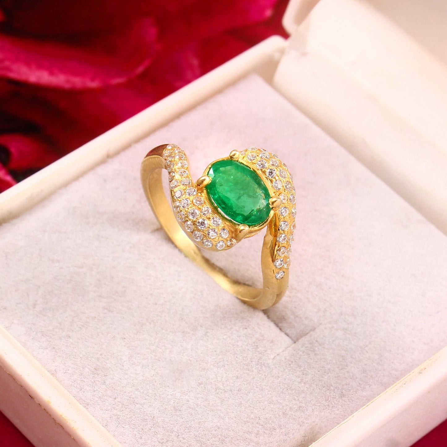 Natural Oval Cut Emerald Wave Diamond Ring
