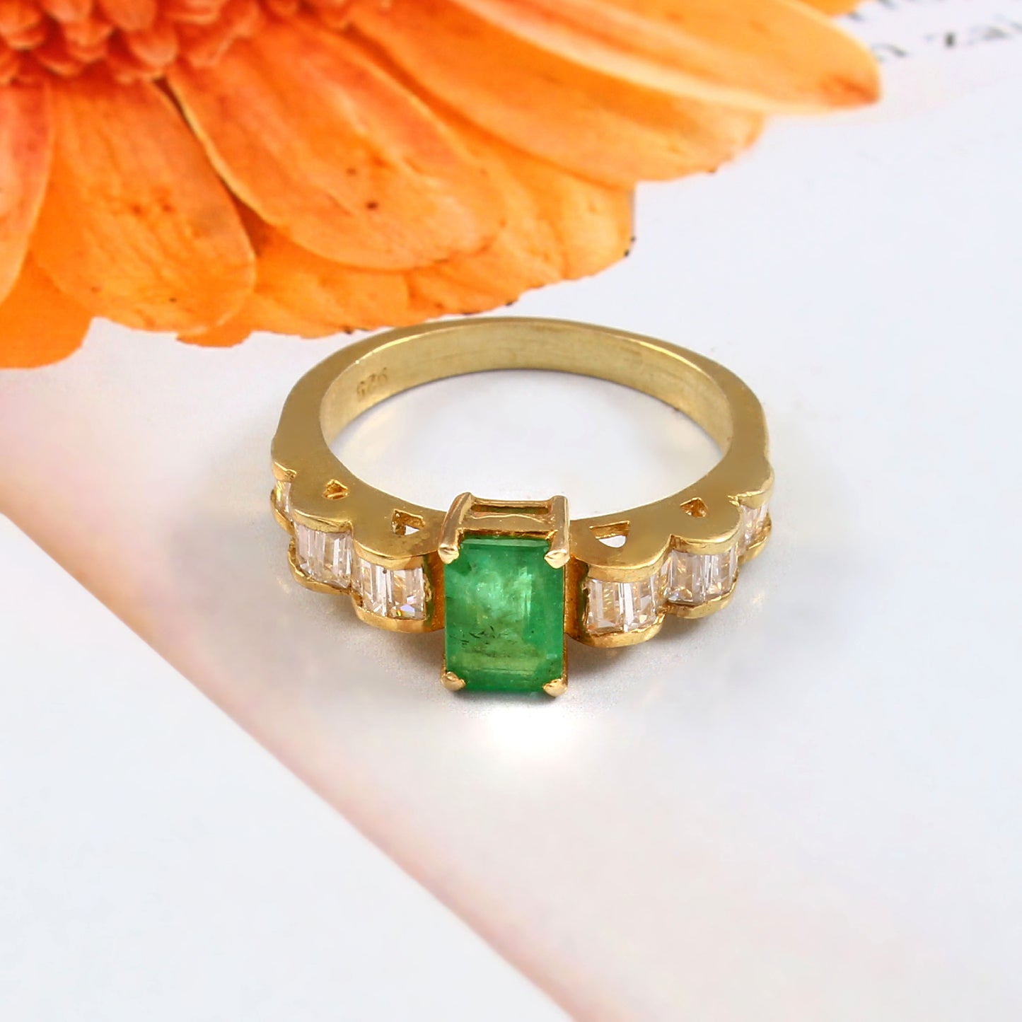 Natural Emerald Cut Emerald Baguette Diamond Ring