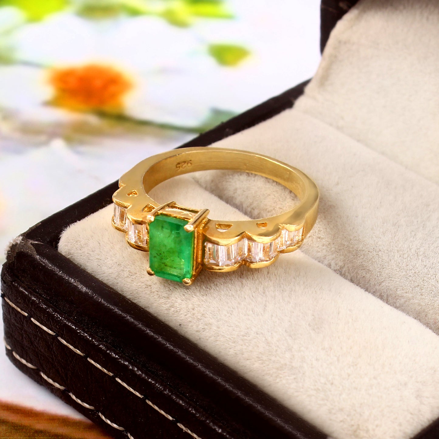 Natural Emerald Cut Emerald Baguette Diamond Ring