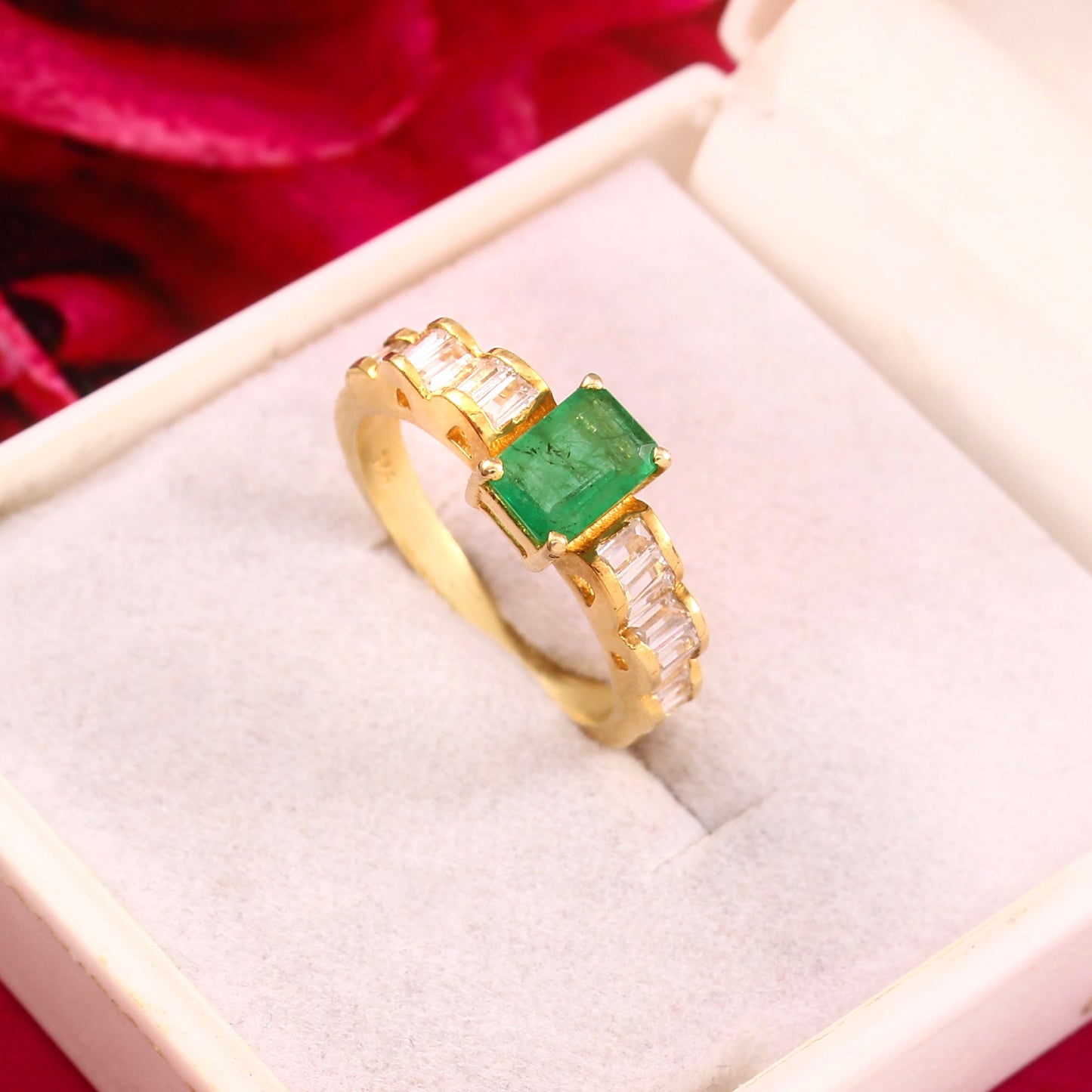 Natural Emerald Cut Emerald Baguette Diamond Ring
