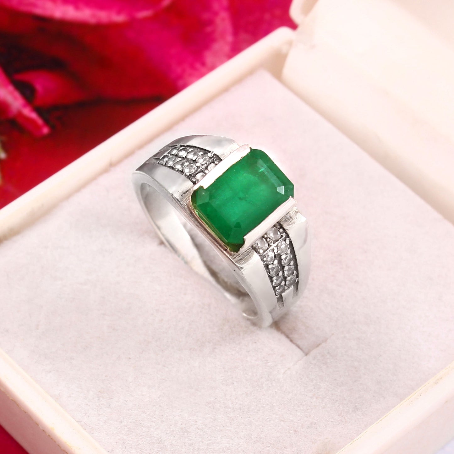Natural Emerald Cut Emerald Diamond Accent Ring for Mens