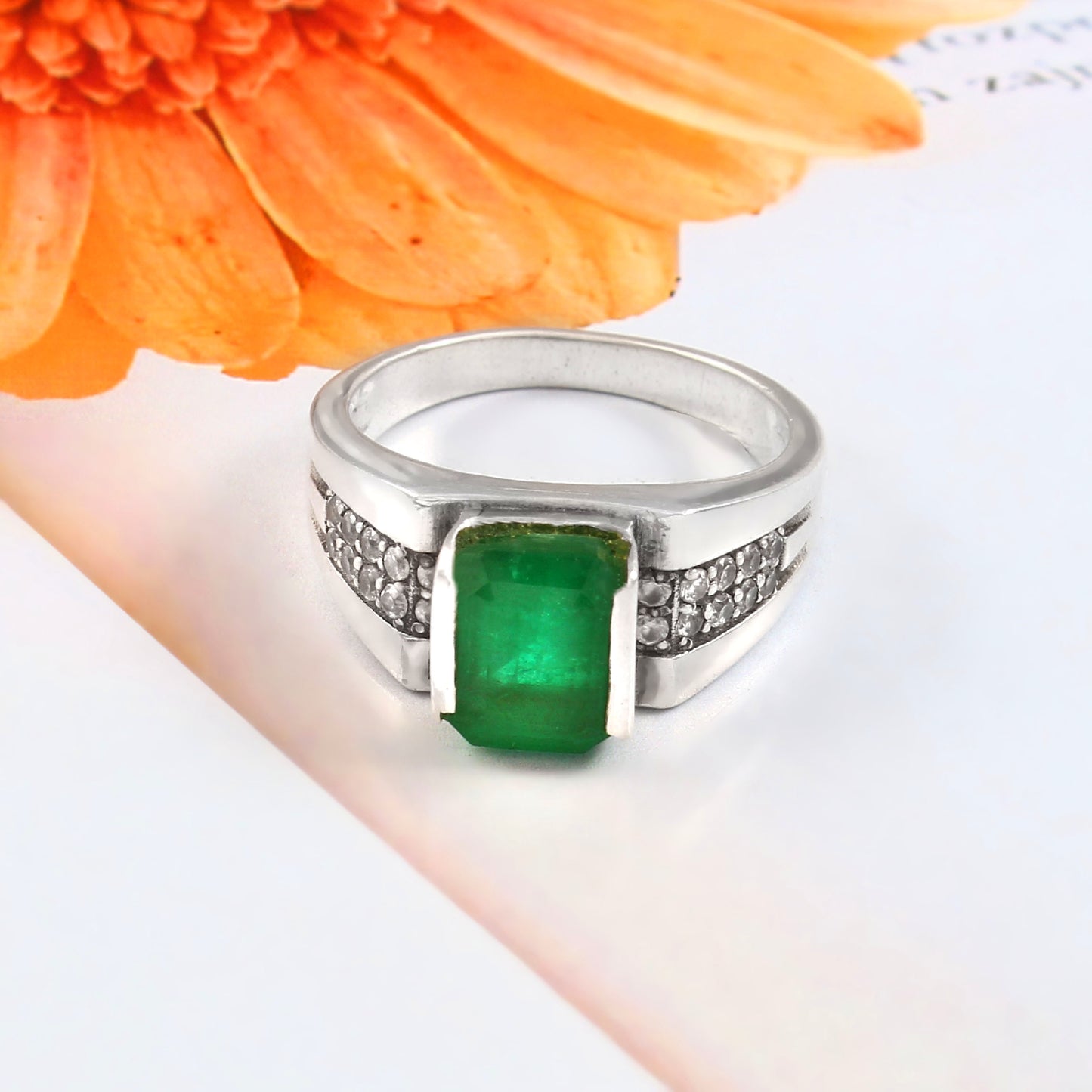 Natural Emerald Cut Emerald Diamond Accent Ring for Mens