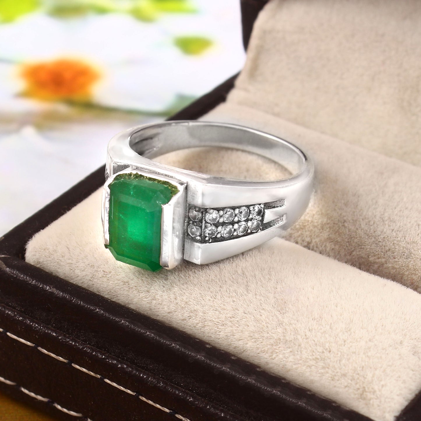Natural Emerald Cut Emerald Diamond Accent Ring for Mens