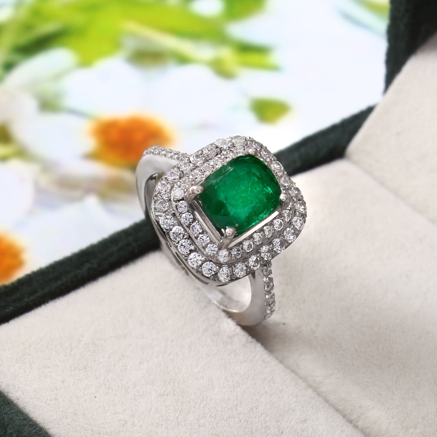 Natural Emerald Cushion-Cut Emerald Double Halo Ring