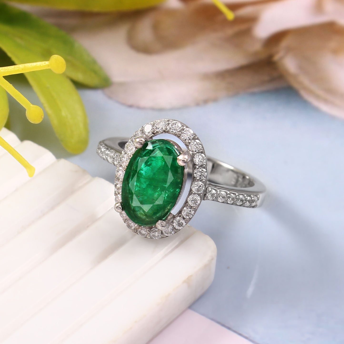 Natural Emerald Oval-Cut Emerald Halo Ring