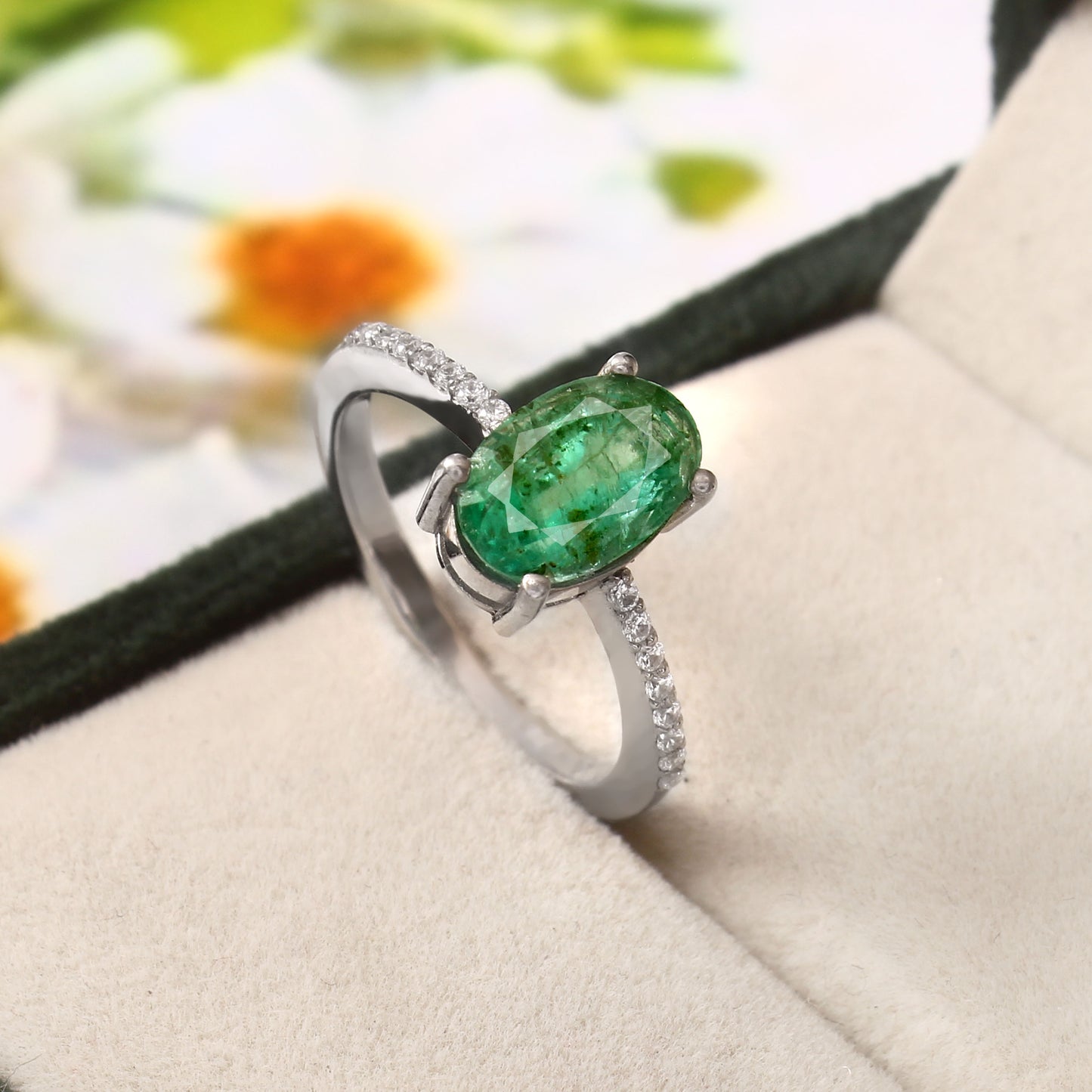 Natural Emerald Oval Ring with Pave Band in Silver