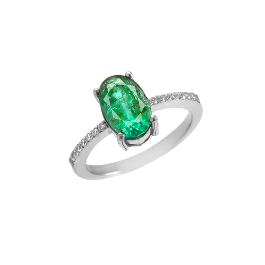 Natural Emerald Oval Ring with Pave Band in Silver