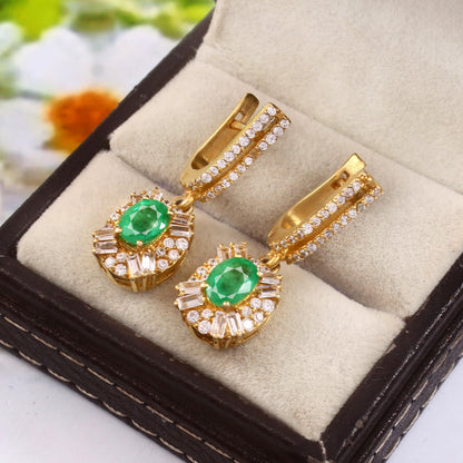 Natural Radiant Emerald and Diamond Halo Drop Earrings