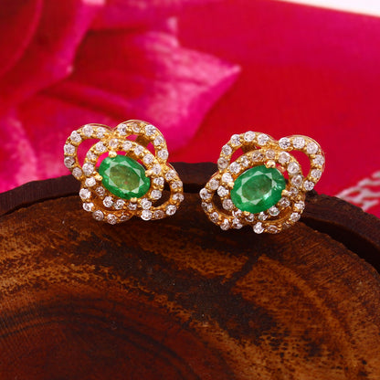 Natural  Emerald and Diamond Stud Earrings