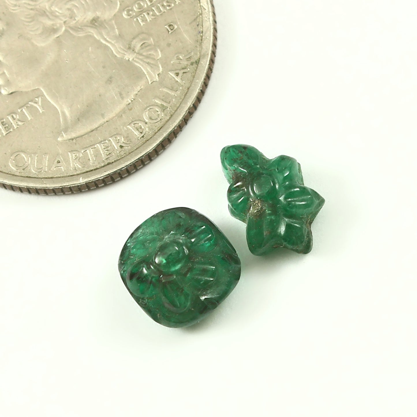 Natural Emerald Leaf and Cushion Carving Pair ct. 4.60