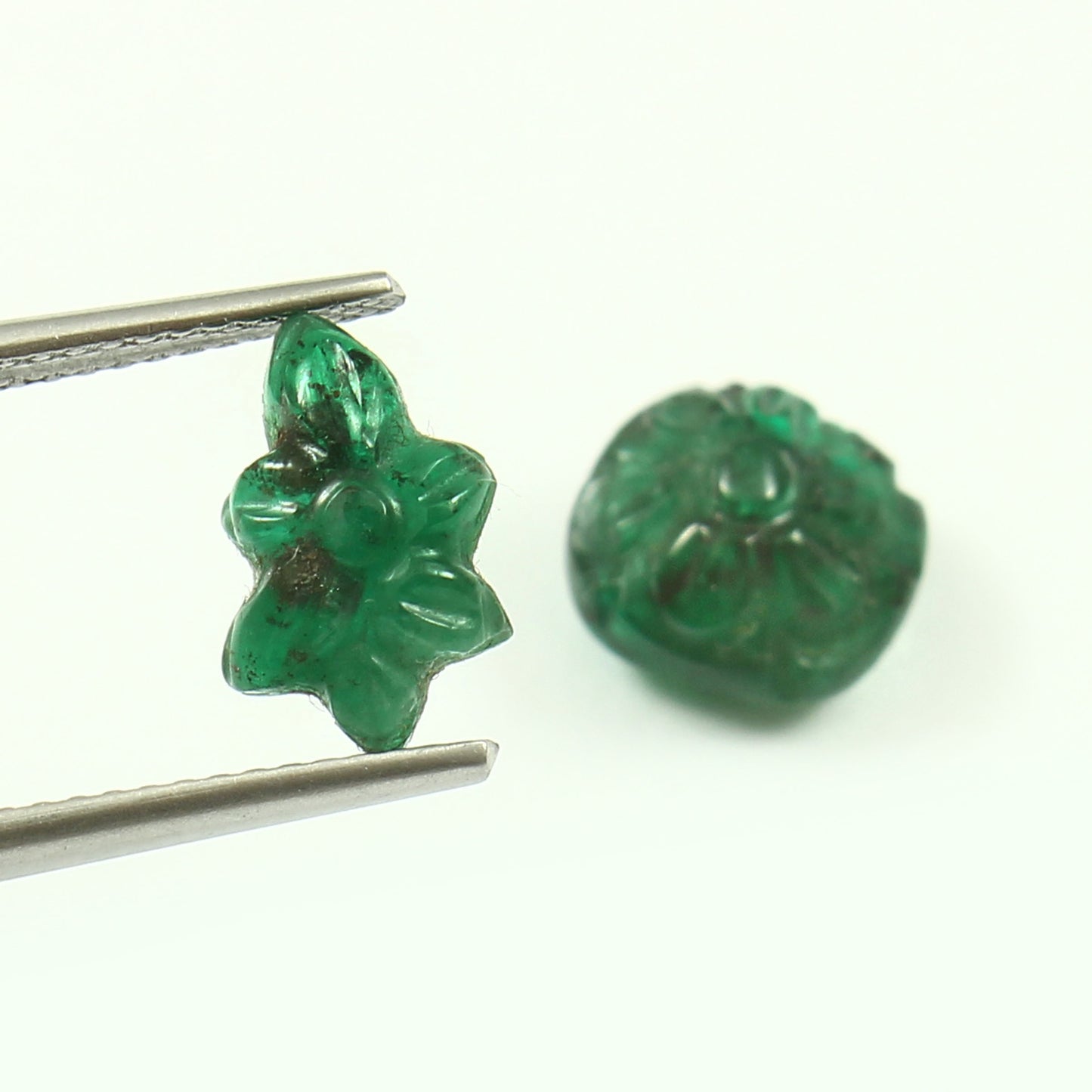Natural Emerald Leaf and Cushion Carving Pair ct. 4.60