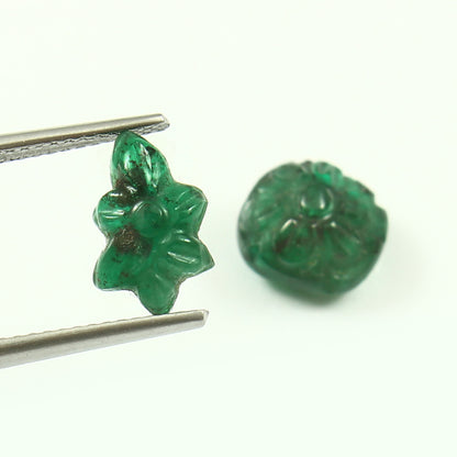 Natural Emerald Leaf and Cushion Carving Pair ct. 4.60