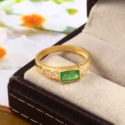 Natural Horizontal Emerald Pavé Diamond Ring