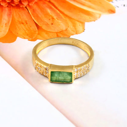 Natural Horizontal Emerald Pavé Diamond Ring
