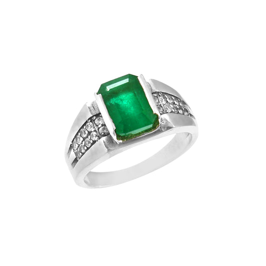 Natural Emerald Cut Emerald Diamond Accent Ring for Mens