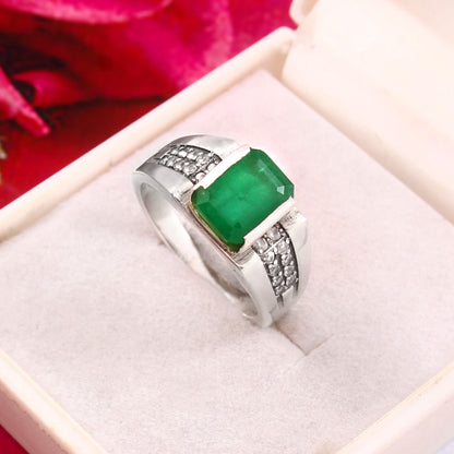 Natural Emerald Cut Emerald Diamond Accent Ring for Mens