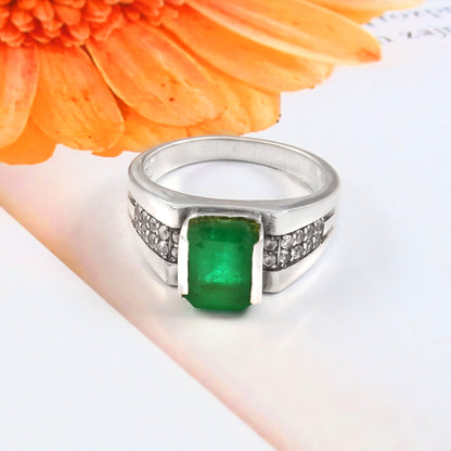 Natural Emerald Cut Emerald Diamond Accent Ring for Mens