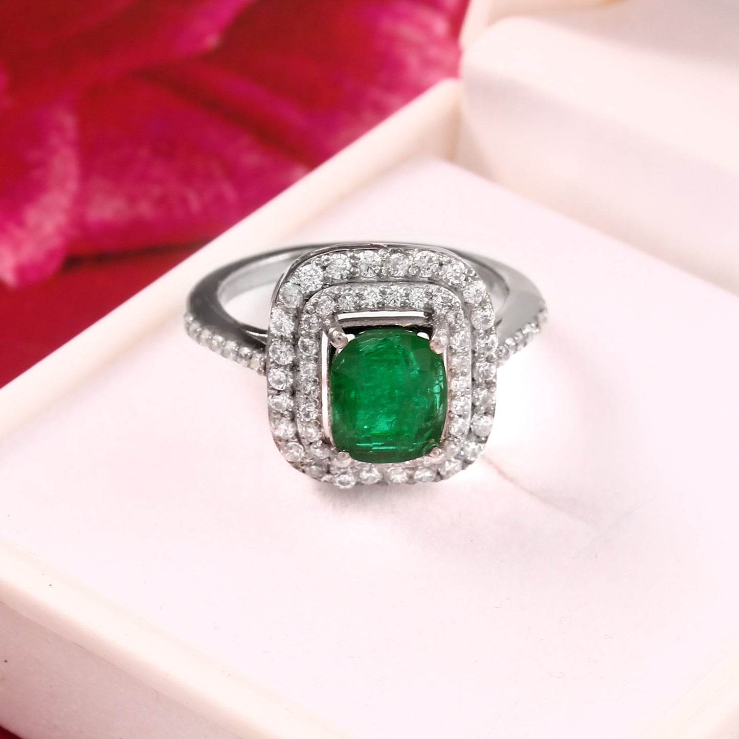 Natural Emerald Cushion-Cut Emerald Double Halo Ring