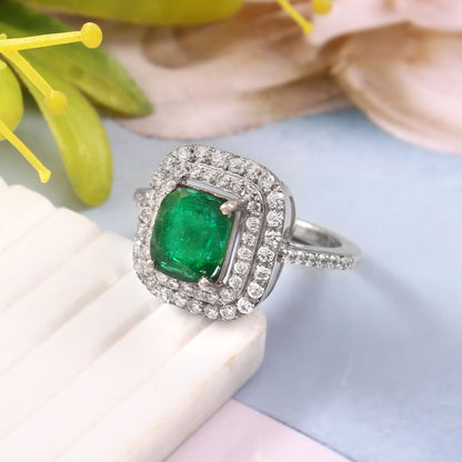 Natural Emerald Cushion-Cut Emerald Double Halo Ring