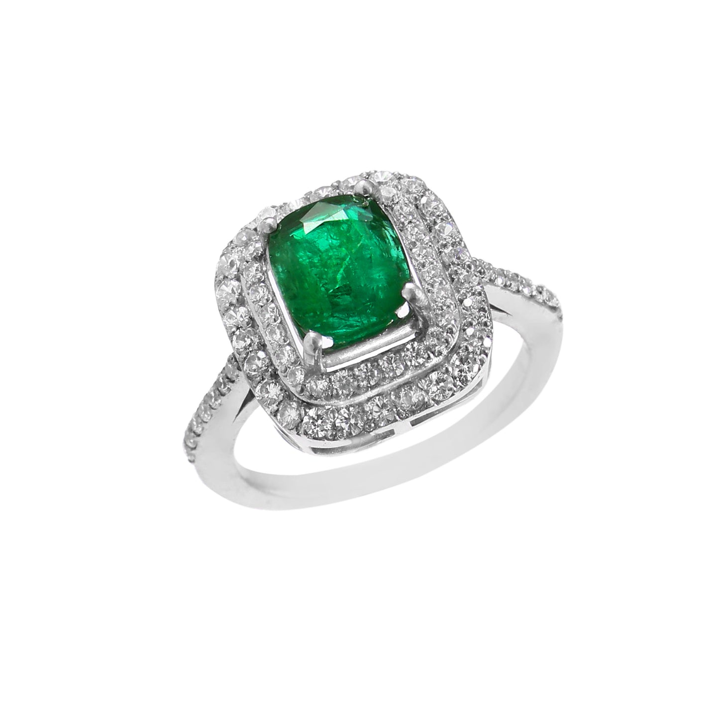 Natural Emerald Cushion-Cut Emerald Double Halo Ring