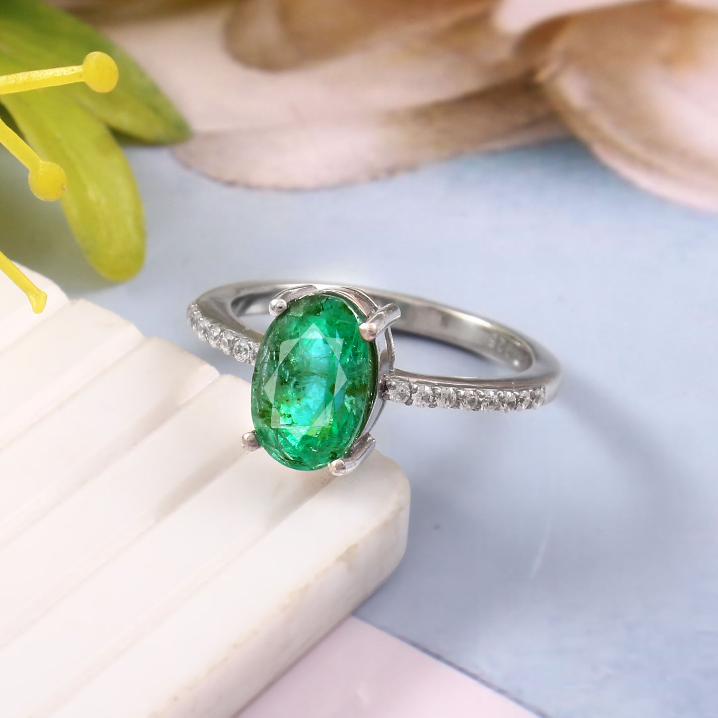 Natural Emerald Oval Ring with Pave Band in Silver