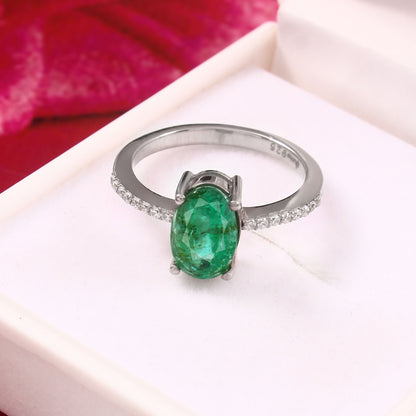 Natural Emerald Oval Ring with Pave Band in Silver