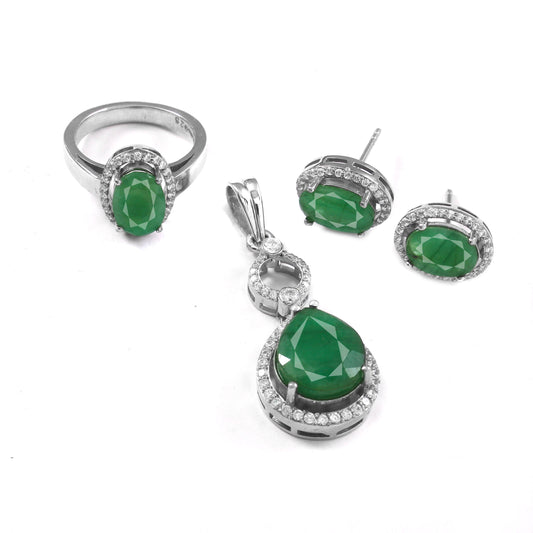 Natural Elegant Emerald & Diamond Accent Jewelry Set – Ring, Pendant & Earrings